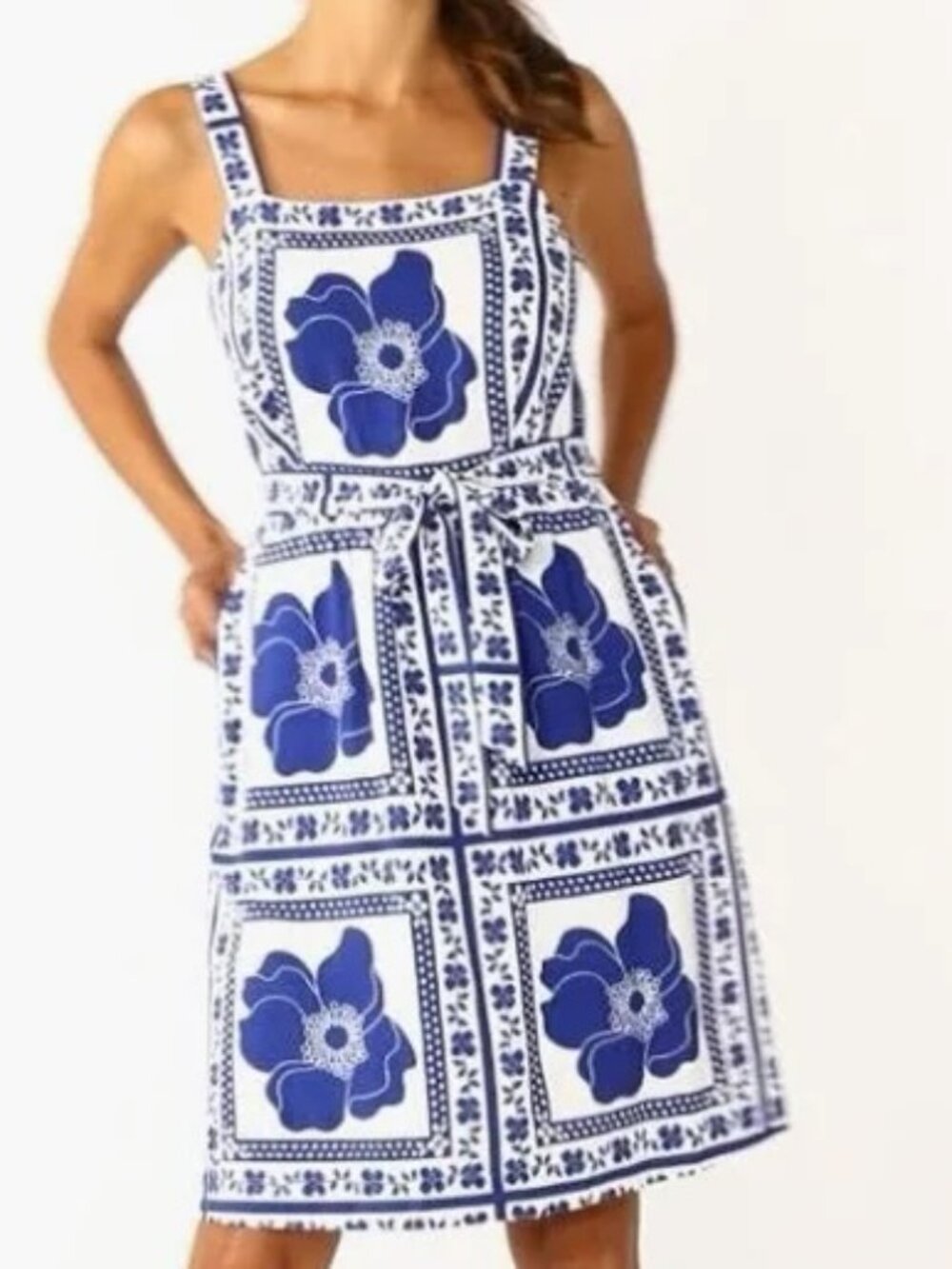 Draper James RSVP Blue White Floral Linen Blend Midi Dress- Sz: XS
